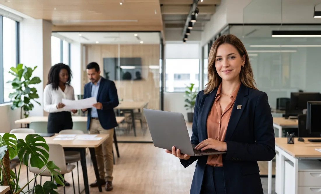 Consultora de PsicoAlianza con laptop en oficina